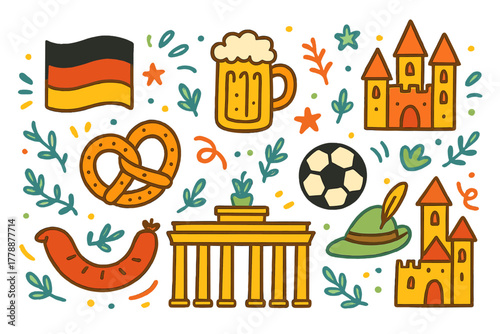Cultural elements flat icon set. featuring flag, beer, castle, pretzel, sausage, and hat symbols