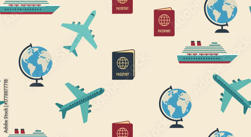 An elegant flat design seamless pattern illustrating global travel and international connections, ideal for tourism marketing or cultural projects. It symbolizes worldwide journeys and exploration.