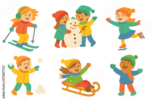 Winter activities flat icon set. featuring skiing, snowman, ice skating, snowball, sledding, and snowboarding symbols