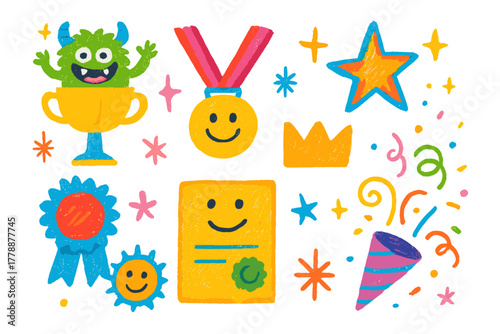 Flat celebration icons set. featuring medal, trophy, star, crown, ribbon, certificate, and confetti symbols