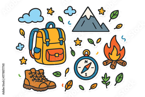 Outdoor adventure flat icons set. backpack, mountain, compass, fire, boots, clouds, and leaves