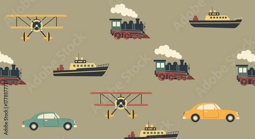 A charming flat design seamless pattern featuring vintage and retro transportation icons, ideal for historical themes or classic design projects. It evokes nostalgia and a timeless sense of travel.
