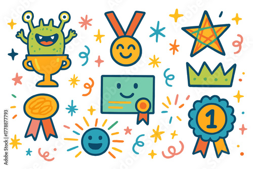 Rewards and achievements flat icon set. featuring medals, trophies, certificates, crowns, and ribbons.