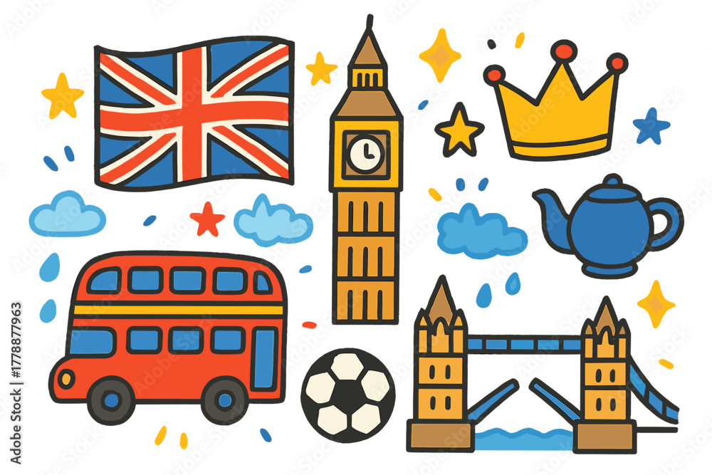 Naklejka premium London icons flat icon set. featuring flag, big ben, crown, bus, bridge, teapot, star, clouds, raindrops, and soccer ball symbols