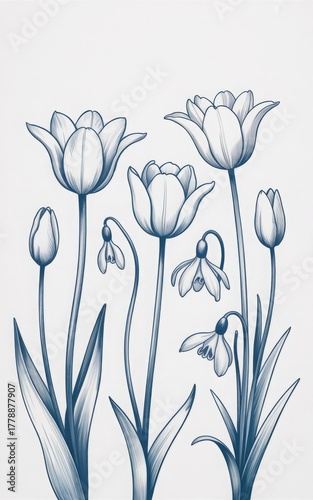 Botanical illustration image tulips snowdrops monochrome floral drawing elegant flowers detailed petals leaves artistic sketch