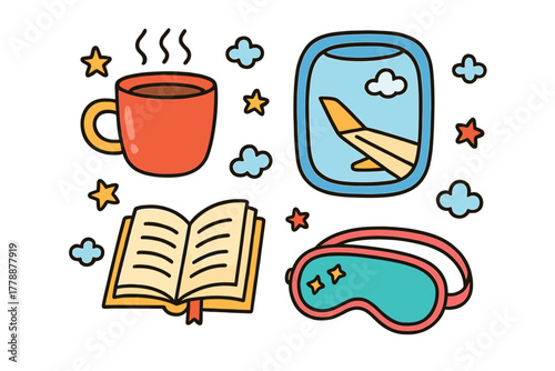 Travel essentials flat icon set. featuring coffee mug, airplane window, open book, sleep mask symbols