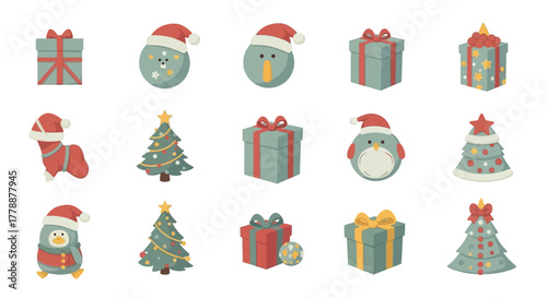 Festive christmas icon collection, adorable penguin characters and wrapped presents galore for