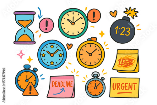 Time management flat icon set. featuring stopwatch, clock, hourglass, alarm, deadline, and urgent symbols