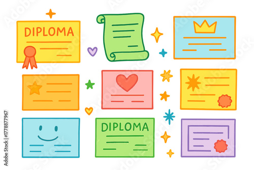 Diploma and certificate flat icon set. featuring award, achievement, degree, seal, crown, star, scroll, and heart designs