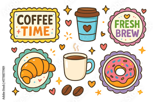Coffee shop flat icon set. featuring coffee cup, croissant, doughnut, coffee beans, fresh brew signs