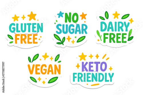 Food labels flat icon set. featuring gluten free, no sugar, dairy free, vegan, keto friendly symbols
