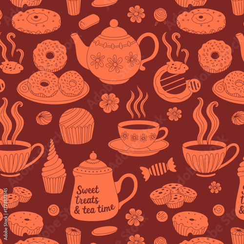 This whimsical design showcases an array of sweet treats alongside playful teapots, perfect for brightening up any event or tea gathering with joy.