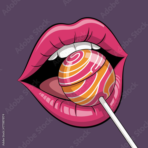 This stylized image depicts an open mouth holding a delicate lollipop, blending the themes of sweetness with a touch of playful allure in a modern artistic style.