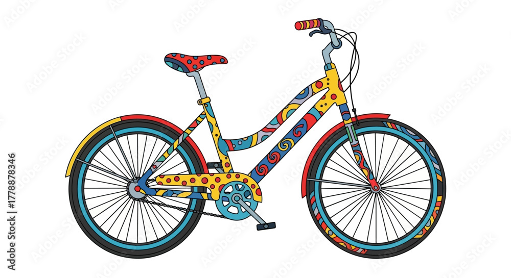 Fototapeta premium Stylized vintage bicycle illustration featuring vibrant patterns and artistic flair, designed with
