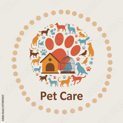 This illustration showcases a whimsical array of pets such as dogs and cats with a cozy home environment, perfect for pet care related themes.