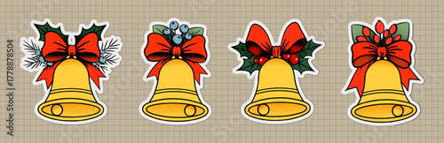 Festive Christmas bell stickers with holly, berries, pine and red ribbon. Golden jingle bells in vintage retro style, cheerful holiday decoration accents for winter season and celebration themes.