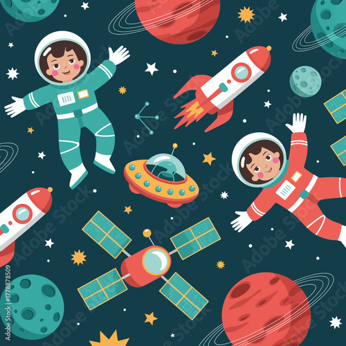 This whimsical space-themed illustration features astronauts in vibrant suits, rockets, and spacecraft, set against a backdrop of colorful planets and stars.