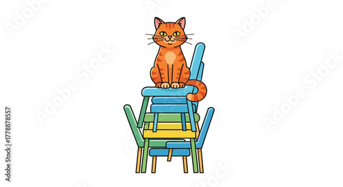 Illustration of a ginger cat perched gracefully atop a colorful stack of chairs cheerfully resting