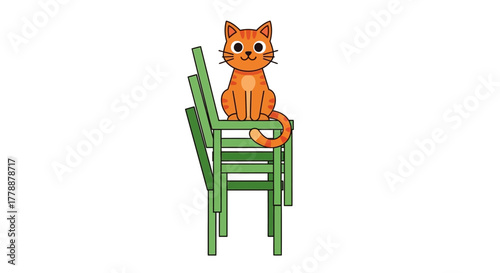 Cartoon depiction showcasing an orange cat perched atop stacked green chairs against plain backdrop