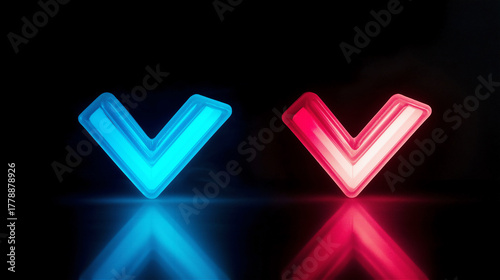 Two neon arrows—one pink, one blue—pointing downwards on a glossy surface with mirror reflection. The minimalistic glowing design is ideal for futuristic mockups and web visuals.