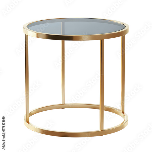 Round gold metal side table with glass top isolated on Transparent Background