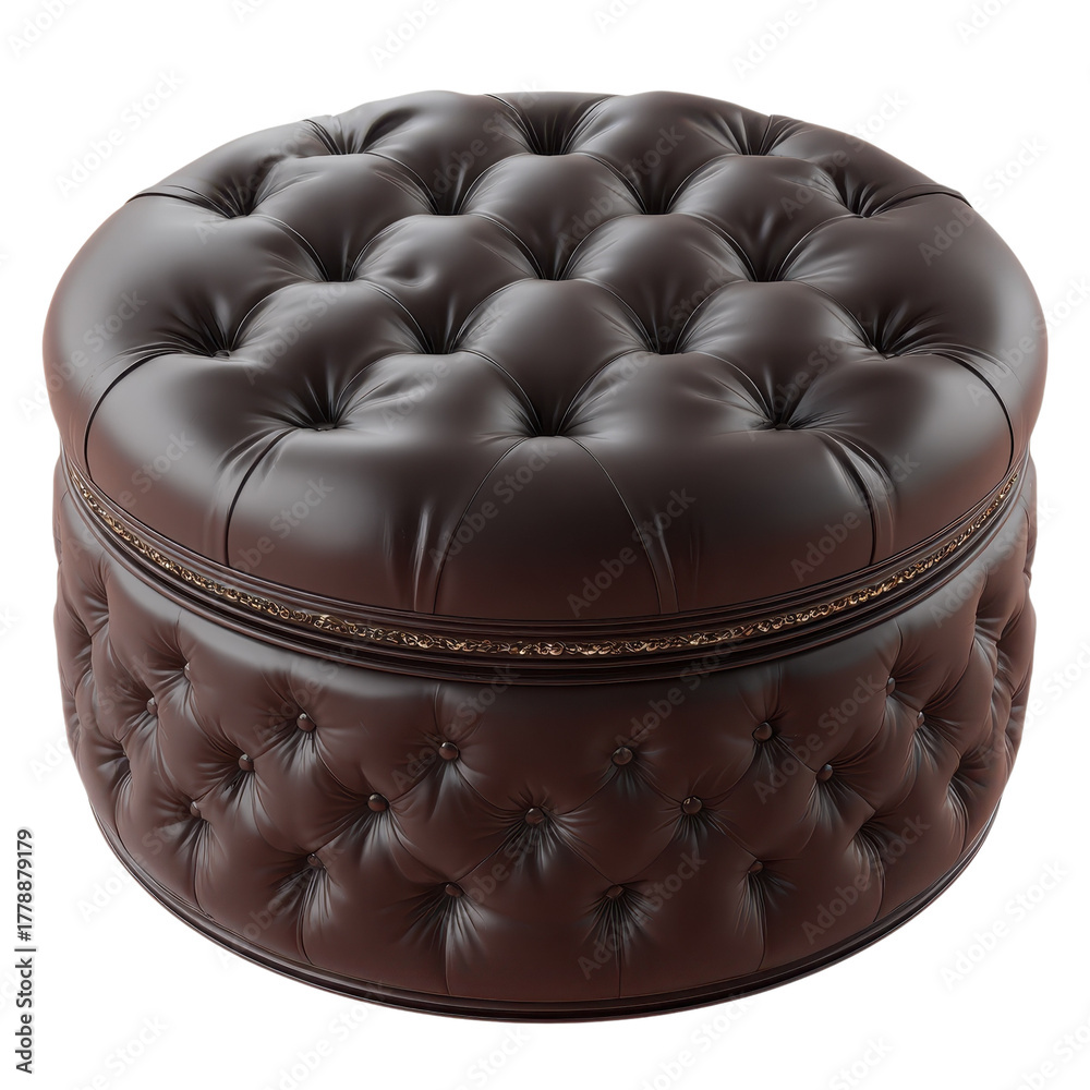 Obraz premium Brown tufted leather ottoman pouf with zipper isolated on Transparent Background