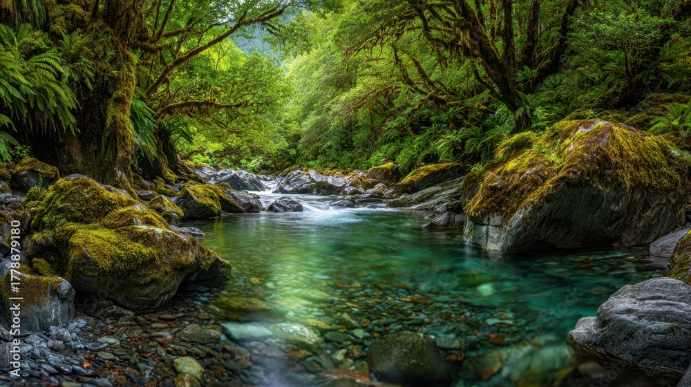 Obraz premium Tranquil Forest Stream Flowing Through Lush Greenery and Moss-Covered Rocks in a Serene Natural Landscape