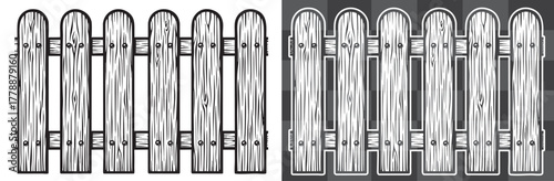 Vector Wooden Picket Fence Illustration Featuring Straight Classic Farm Style with Vertical Boards and Natural Engraved Texture Ideal for Rural Landscape or Garden Decorative Element Design