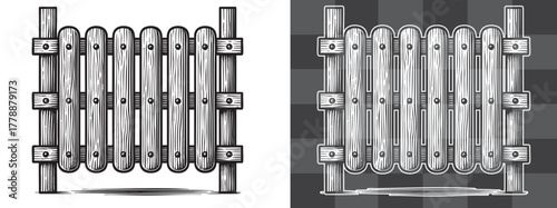 Round Wooden Fence Vector Illustration Featuring Rustic Log Design with Vertical Planks and Engraved Wood Texture Perfect for Countryside Architecture or Farm Decorative Vintage Element