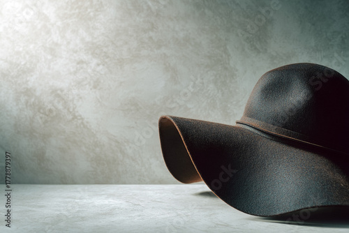 Wallpaper Mural A stylish dark brown wide-brimmed hat rests elegantly on a textured grey background, exuding sophisticated minimalism. Torontodigital.ca