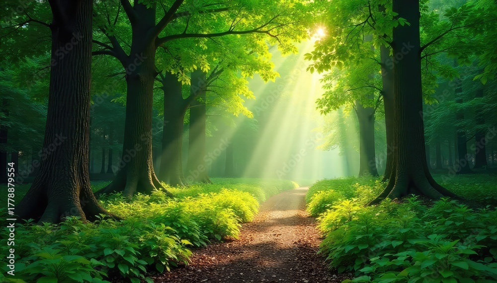 Obraz premium Sun-dappled forest path, lush green canopy overhead, sunlight filtering through leaves, creating a magical atmosphere Perfect for fantasy, nature, and fairytale themes , spring, trees