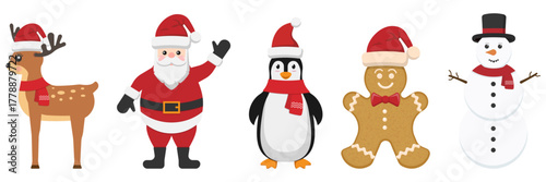 Adorable cartoon Christmas characters collection including Santa Claus, reindeer, penguin, gingerbread cookie, and snowman in red hats and scarves. Perfect for holiday cards, invitations, decorations,