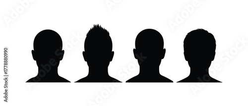 Silhouetted heads of men, showcasing diverse hairstyles and head shapes in a simple yet striking composition