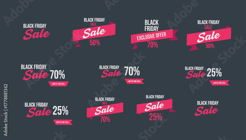 Black Friday Sale Banners: Pink ribbon vector graphics with discounts. 25%, 50%, 70% off, exclusive offer, limited time deals for promotional marketing.