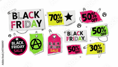 Edgy Black Friday Sale Badges with Discount Percentages and Safety Pins for Creative Marketing Designs