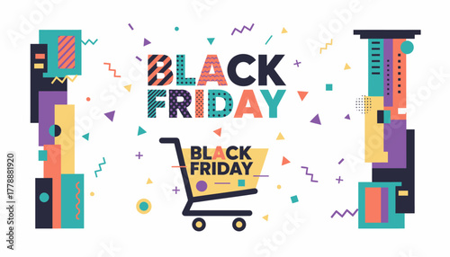 Black Friday Sale Abstract Geometric Design. Shopping Cart and Modern Graphic Elements for Discount Promotions, Web Banners and Flyers.