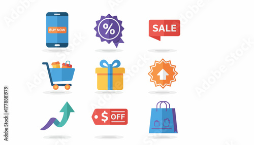Black Friday shopping icons - promotion of deals, discounts, online sales with shopping cart, mobile app, gift box, price tag and growing arrow.