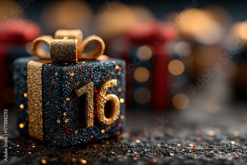 A dark, glittery gift box with the number 16, possibly part of an advent calendar, evokes festive anticipation.
