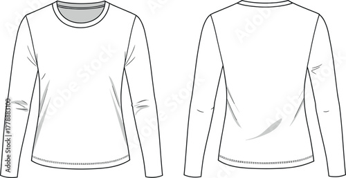 Women’s basic long sleeve t-shirt front and back flat sketch, casual round neck fitted top apparel technical illustration
