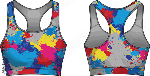 Colorful women’s sports bra front and back technical sketch, abstract paint splatter pattern, activewear fashion flat illustration design
