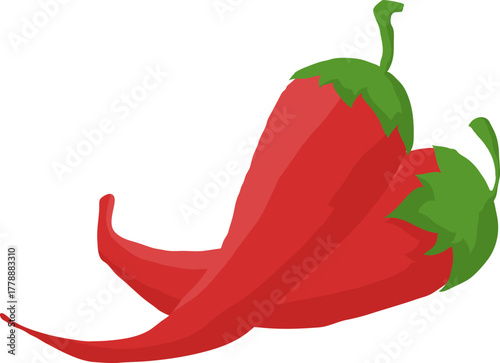 Two Red Chili Peppers Vector Illustration. Spicy Food Ingredient Graphic with Green Stems.