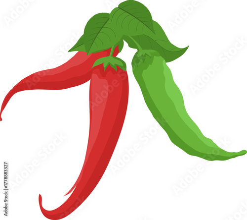 Spicy Red and Green Chili Peppers Vector Illustration with Leaves on White Background