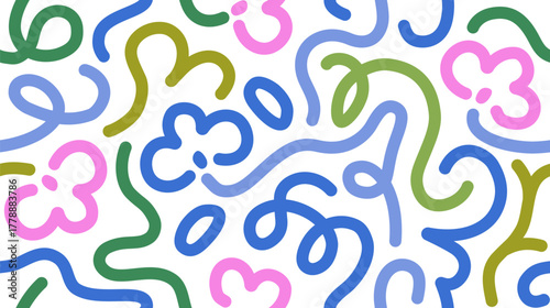 Abstract pattern, seamless doodle background design. Modern lines, curves, playful geometric elements texture, endless repeating print. Creative flat vector illustration for textile, wrapping