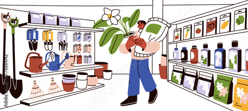 Shopping in gardening and farming store. Gardener buying flower plant in pot. Customer choosing horticulture and agriculture accessories, tools, goods in retail market. Flat vector illustration