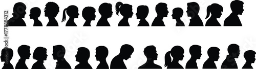 Silhouette profiles of diverse human heads and shoulders vector illustration showing group diversity anonymity identity design reference artwork collection