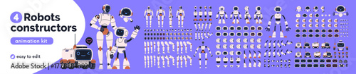 Robot constructor. Android body parts, arms and legs, gears set. AI bot character, components, elements, animation kit. Humanoid toy design, electronic machine construction. Flat vector illustration