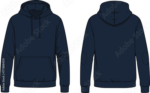 Dark navy blue hoodie design front and back view, unisex sweatshirt with hood and pocket, fashion CAD vector illustration