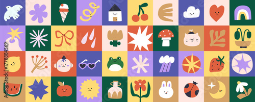 Geometric pattern, square icons with cute elements. Mosaic grid background design in doodle style. Colorful playful tiles, modern texture with flower, heart, nature. Colored flat vector illustration
