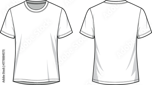 Basic short sleeve t-shirt design, unisex casual top front and back view, plain apparel CAD flat vector illustration