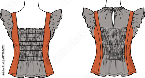 Stylish ruffle sleeve smocked top front and back view, trendy women blouse with contrast panels, CAD drawing flat vector illustration